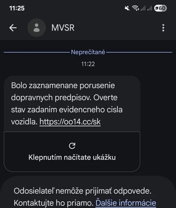 Podvodná SMS od falošného odosielateľa MVSR o porušení dopravných predpisov s odkazom na oo14.cc