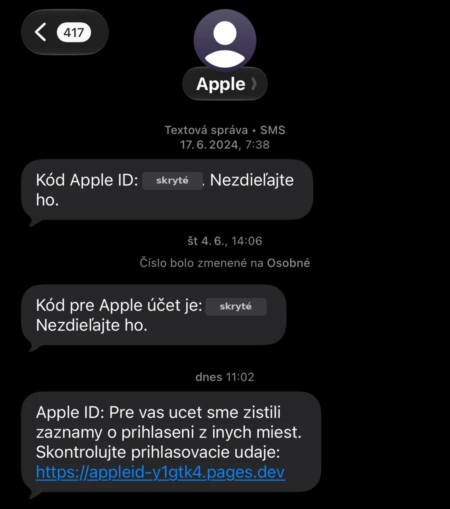 Podvodná správa vo vlákne so skutočnými overovacími kódmi od Apple