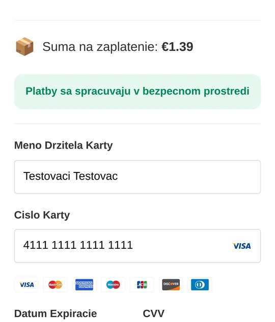 Falošná platobná brána žiada meno držiteľa karty, číslo karty, platnosť a CVV za poplatok 1,39 eura
