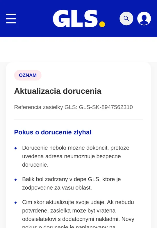 Falošná stránka GLS s oznamom o neúspešnom doručení a tlačidlom na aktualizáciu adresy