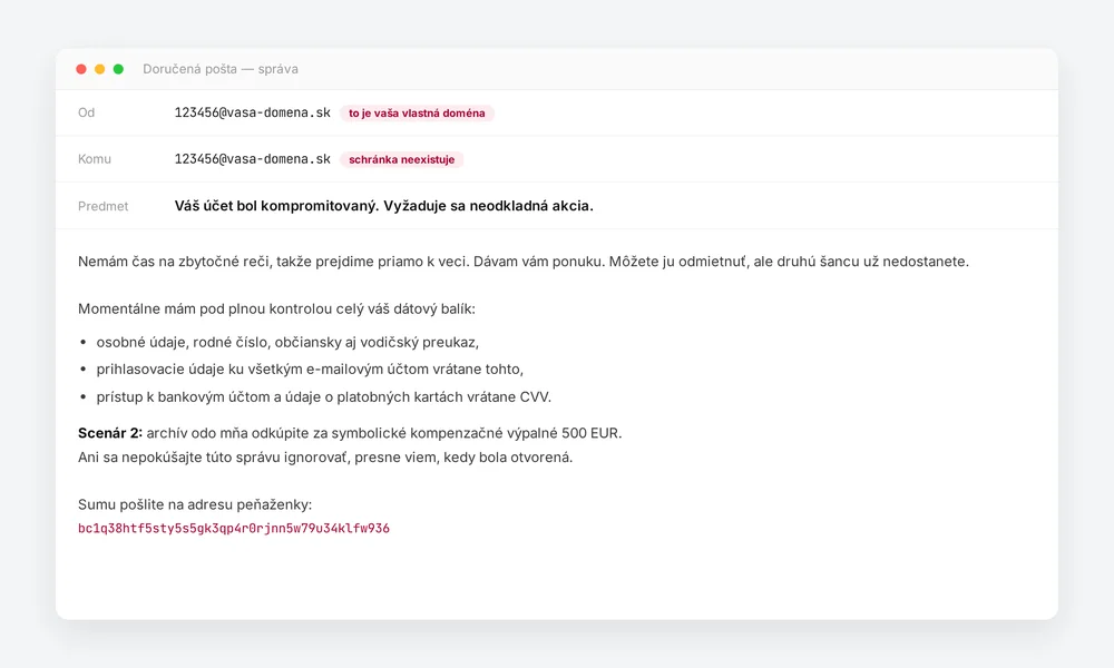 Vydieračský e-mail tak, ako prišiel do schránky