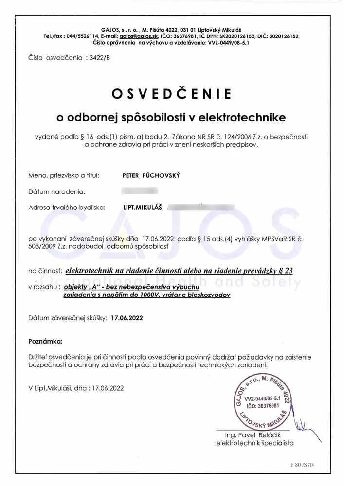 Osvedčenie elektrotechnik na riadenie činnosti (§ 23)