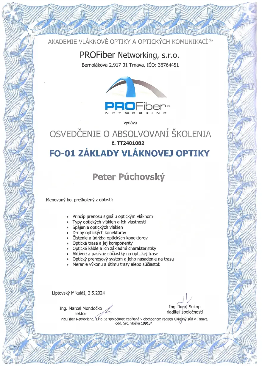 Certifikát Pro-Fiber - optické siete